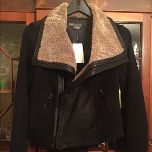 VINCE sherpa, wool and leather trim jacket